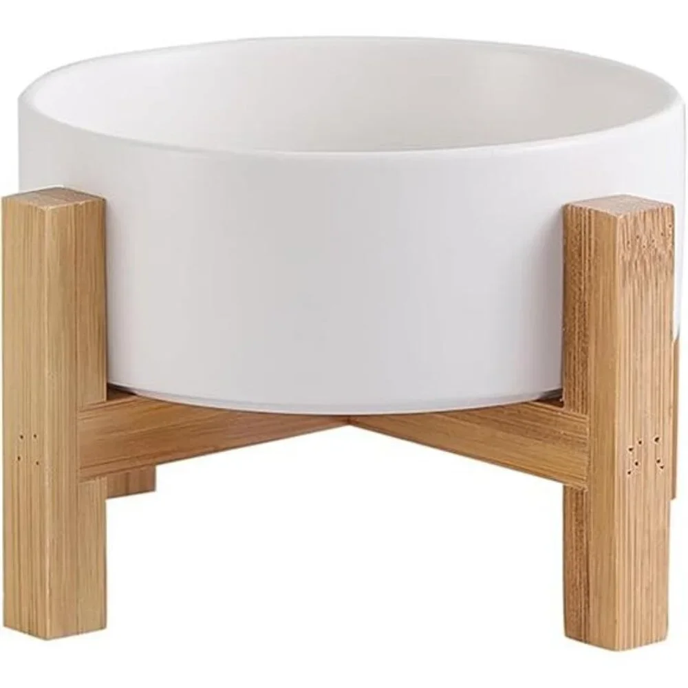 Elevated Ceramic Cat Bowl - Cat Food Bowl with Bamboo Stand - Raised Dog Dish